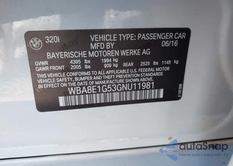 2016 BMW 320I from USA, damaged, VIN WBA8E1G53GNU11981